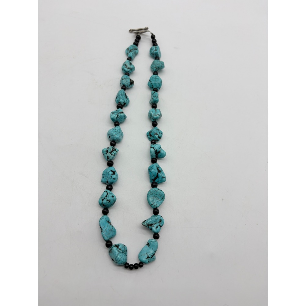 Chunky Turquoise Color Stone Necklace 22 Inch Black Bead Accent Toggle Clasp